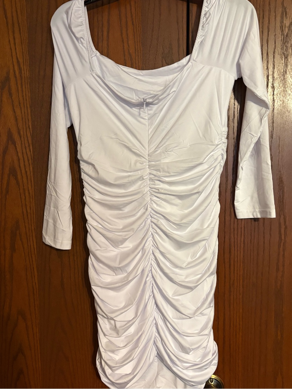 White Ruched Long-Sleeve Bodycon Dress